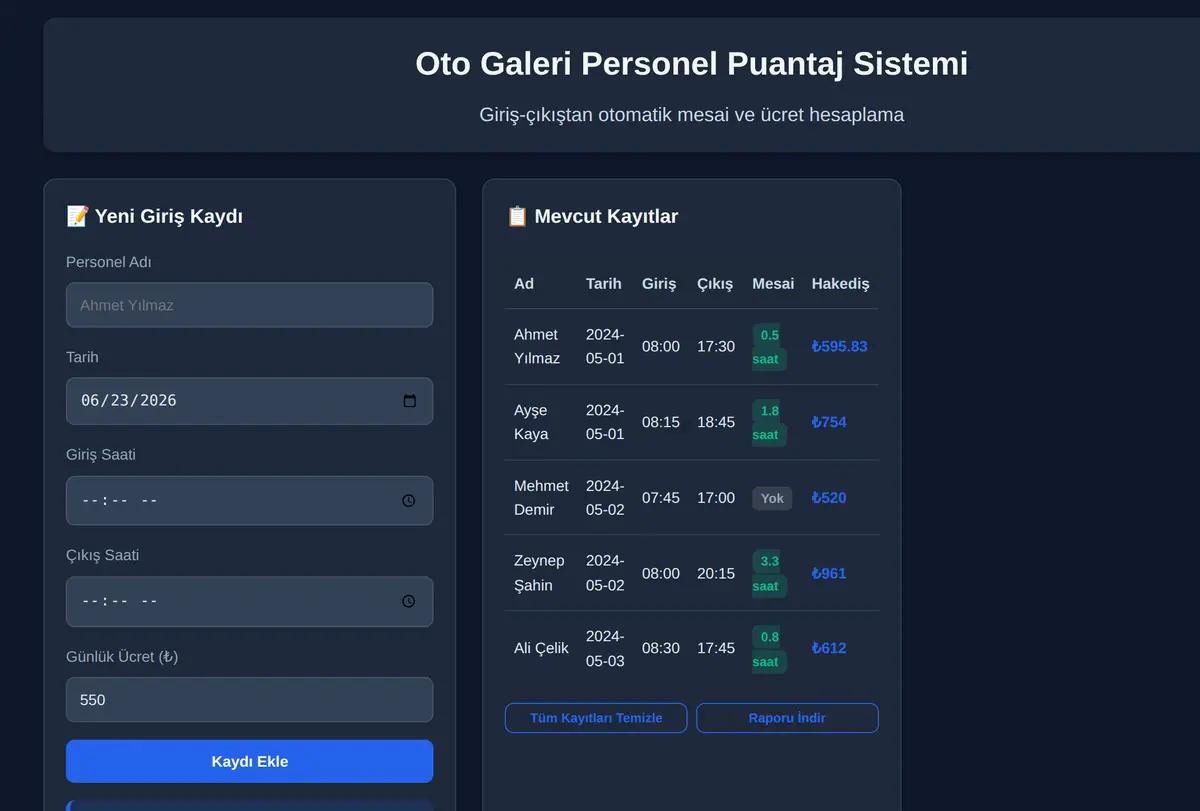 Oto Galeri Personel Puantaj Sistemi ekran görüntüsü