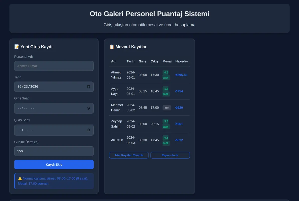 Oto Galeri Personel Puantaj Sistemi ekran görüntüsü 2