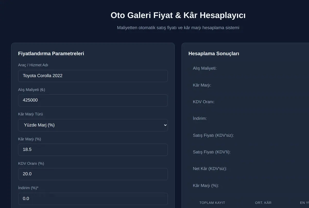 Oto Galeri Fiyat & Kâr Hesaplayıcı ekran görüntüsü