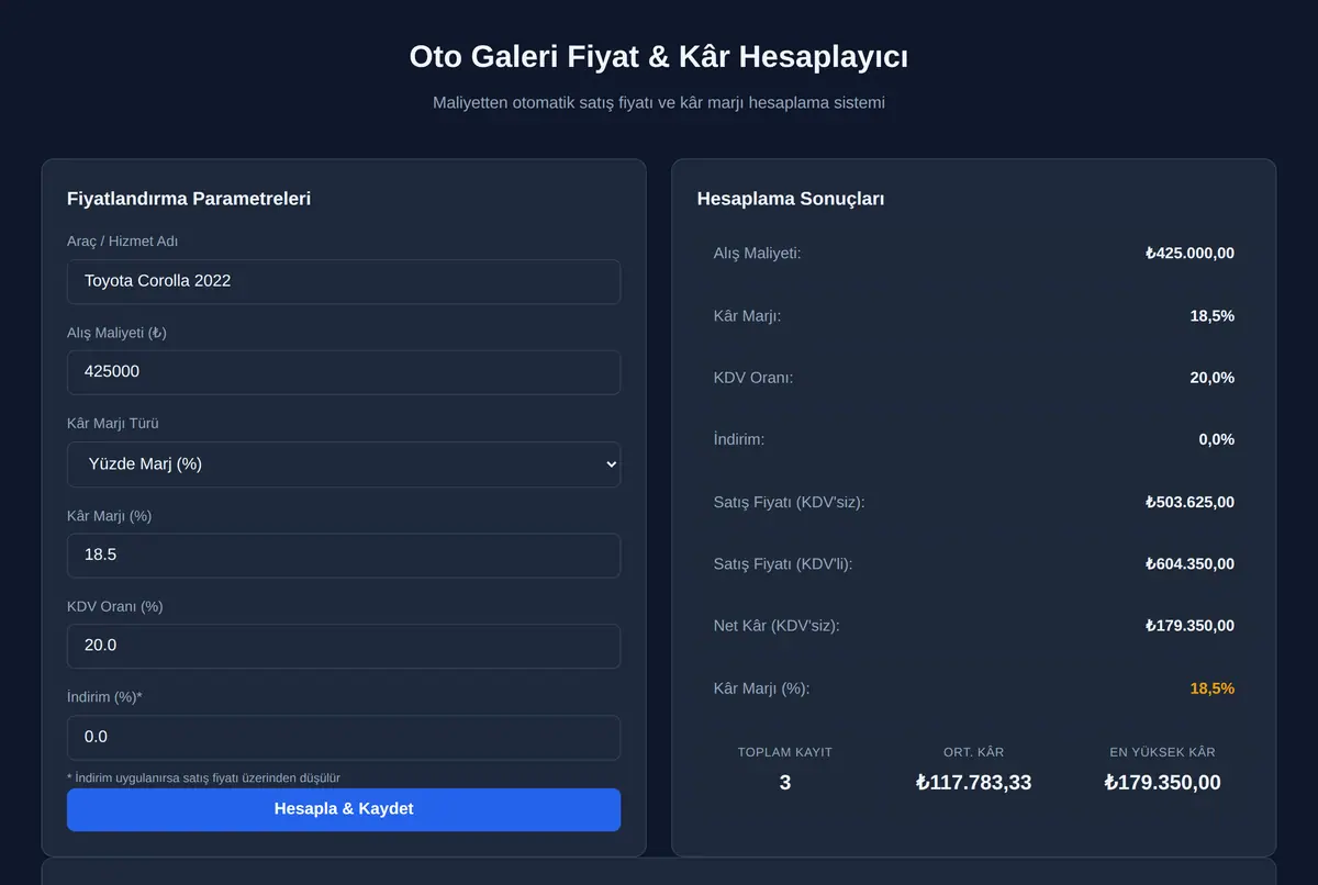 Oto Galeri Fiyat & Kâr Hesaplayıcı ekran görüntüsü 2