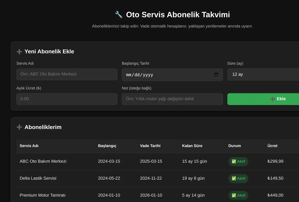 Oto Servis Abonelik Takvimi ekran görüntüsü