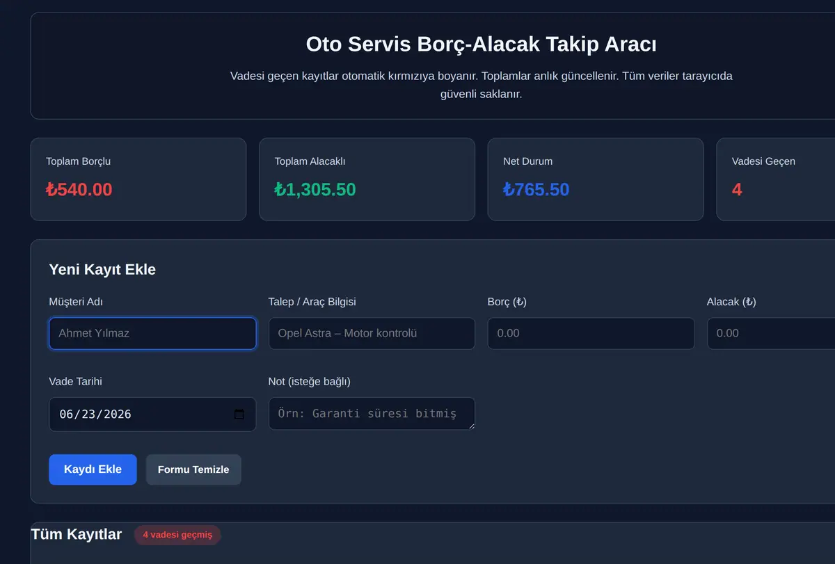 Oto Servis Borç-Alacak Takip Aracı ekran görüntüsü