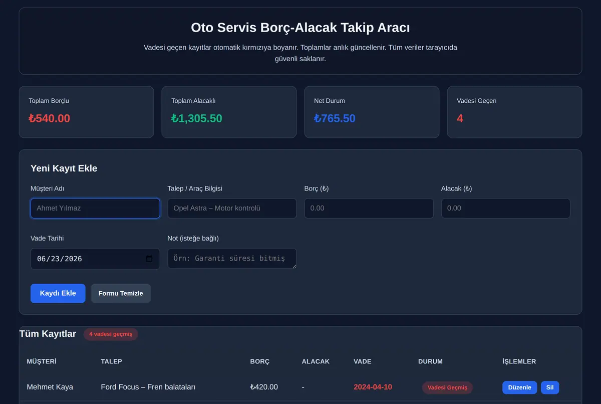 Oto Servis Borç-Alacak Takip Aracı ekran görüntüsü 2