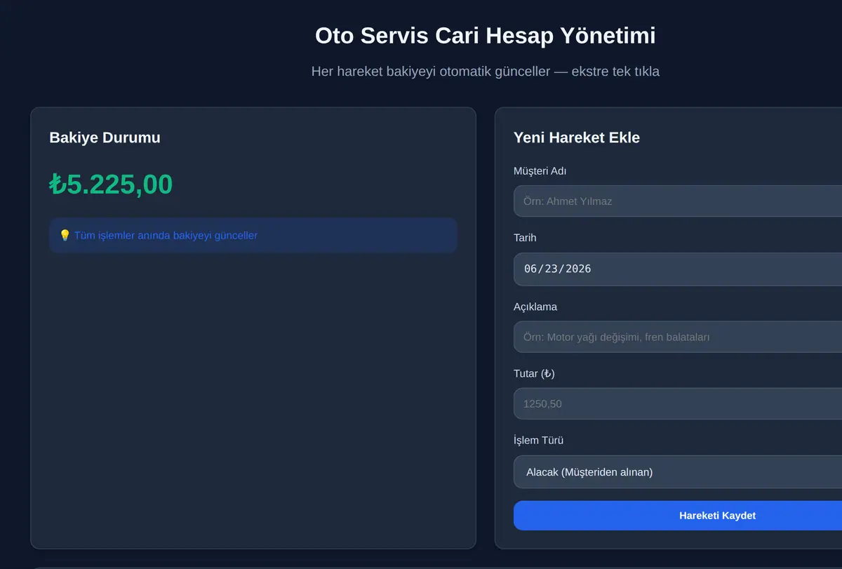 Oto Servis Cari Hesap Yönetimi ekran görüntüsü
