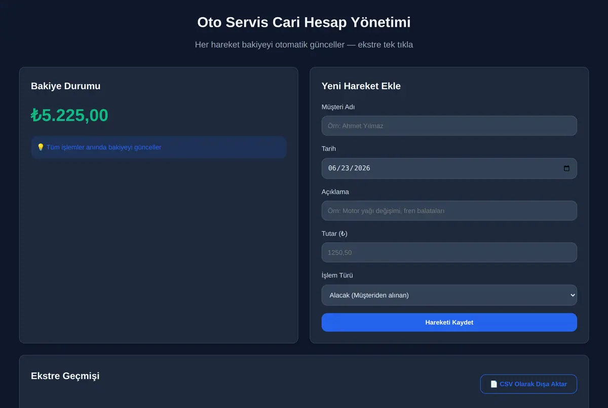 Oto Servis Cari Hesap Yönetimi ekran görüntüsü 2
