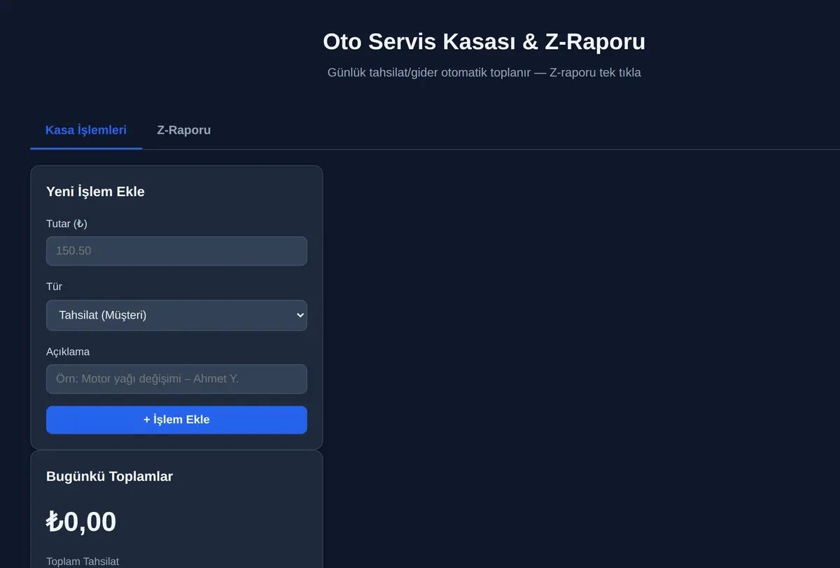 Oto Servis Kasası & Z-Raporu ekran görüntüsü