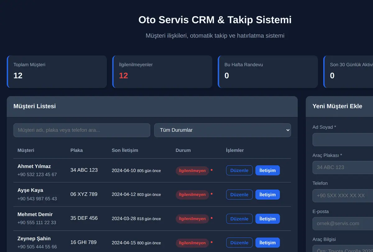Oto Servis CRM & Takip Sistemi ekran görüntüsü