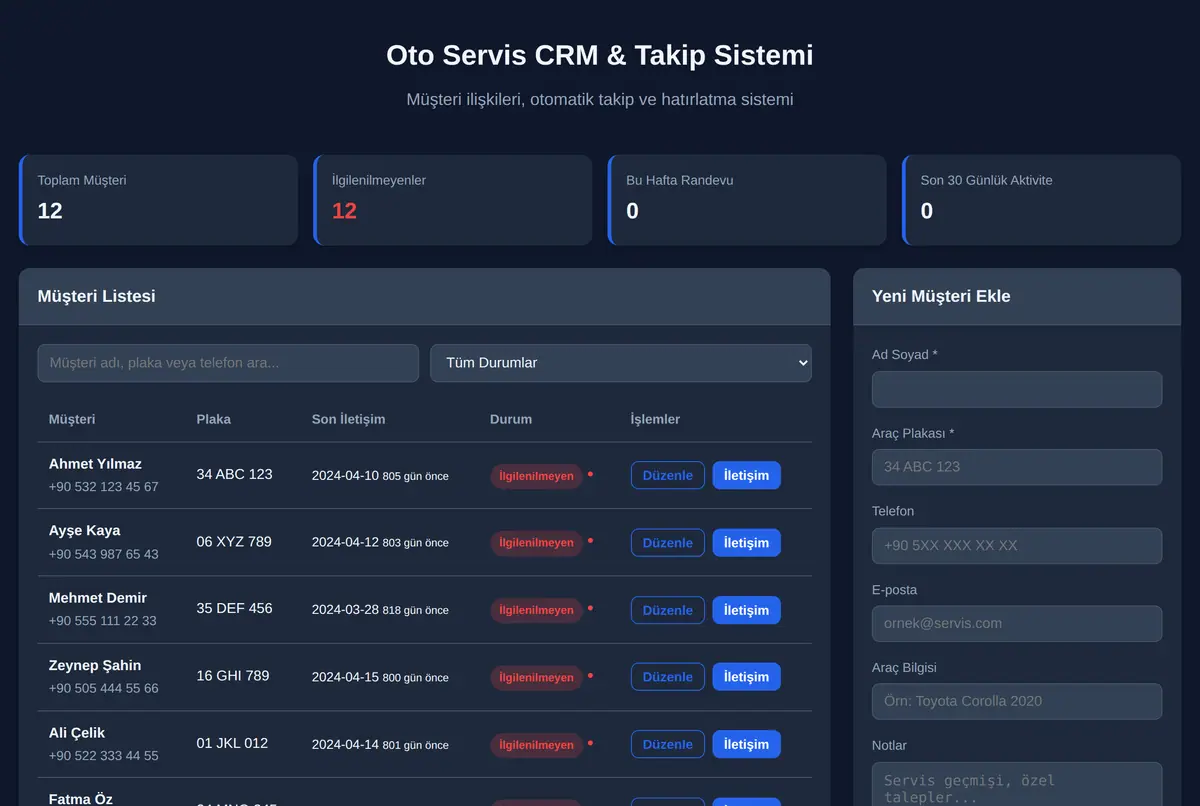 Oto Servis CRM & Takip Sistemi ekran görüntüsü 2