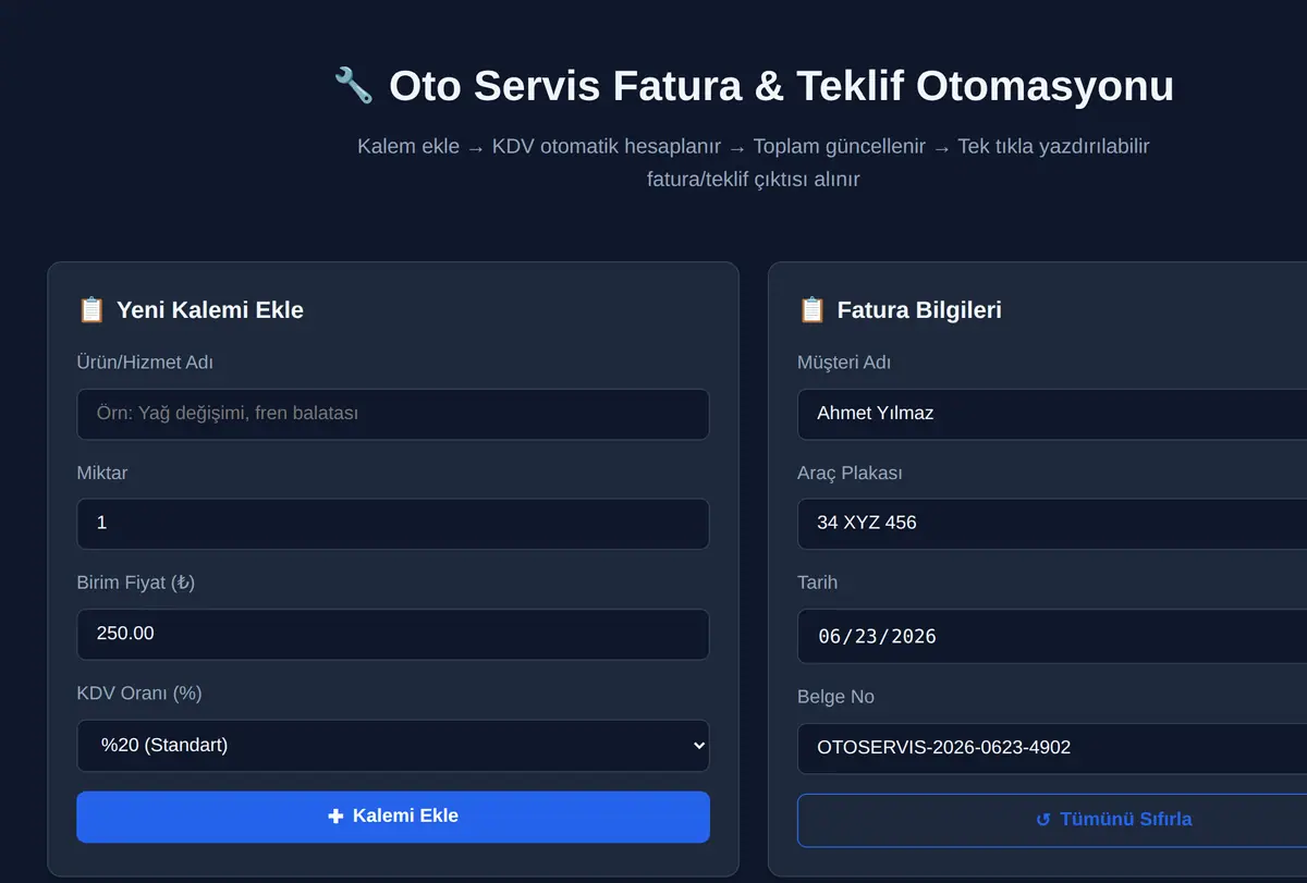 Oto Servis Fatura & Teklif Otomasyonu ekran görüntüsü