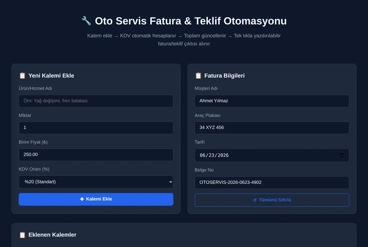 Oto Servis Fatura & Teklif Otomasyonu ekran görüntüsü 2