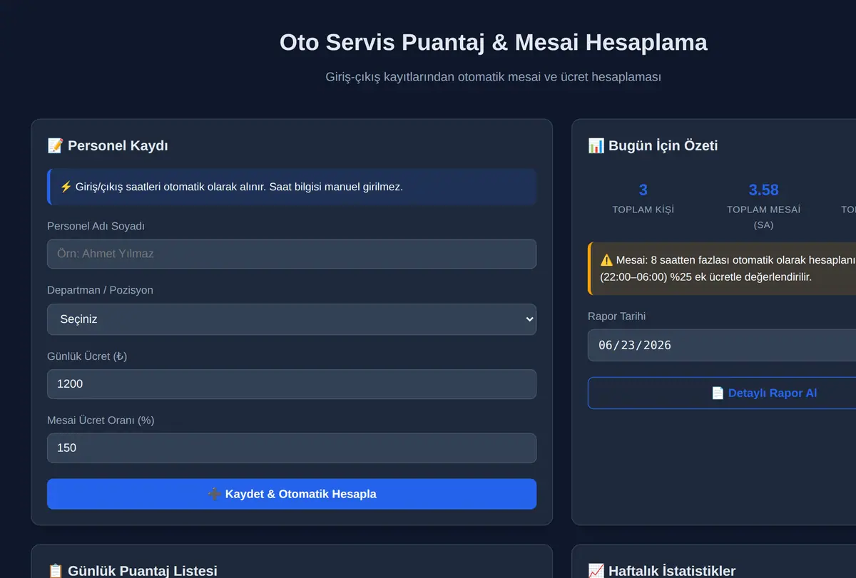 Oto Servis Puantaj & Mesai Hesaplama ekran görüntüsü
