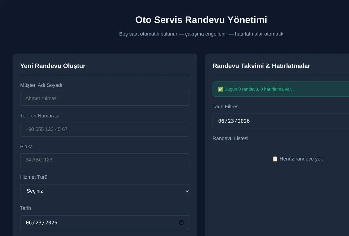 Oto Servis Randevu Yönetimi ekran görüntüsü