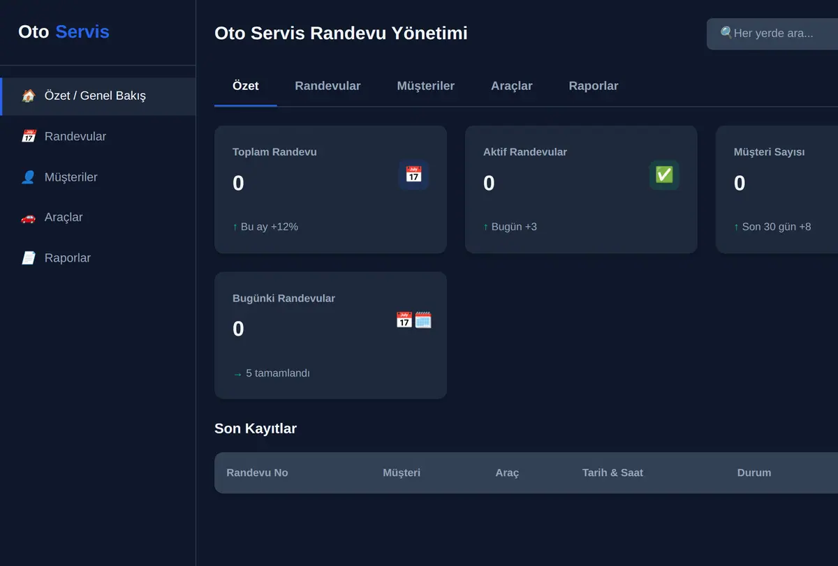 Oto Servis Randevu Yönetimi ekran görüntüsü