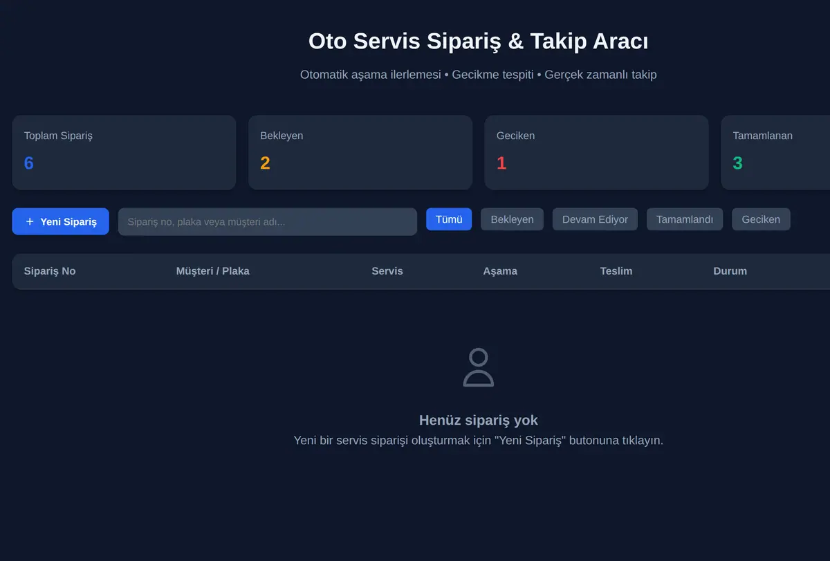 Oto Servis Sipariş & Takip Aracı ekran görüntüsü