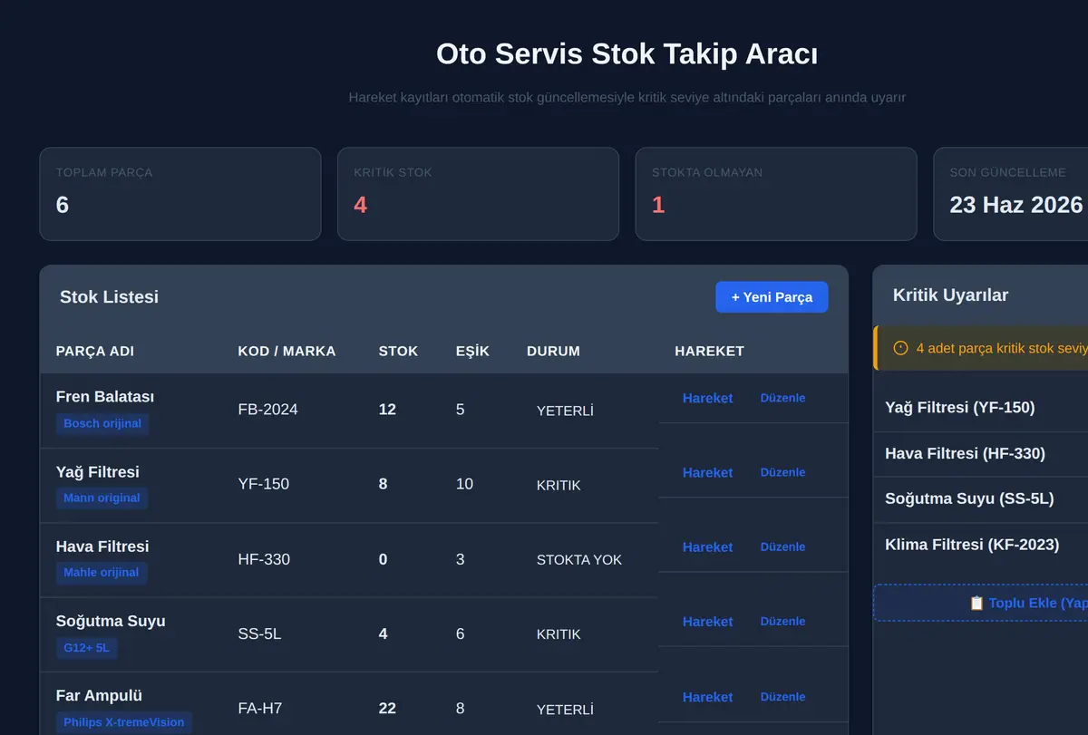 Oto Servis Stok Takip Aracı ekran görüntüsü