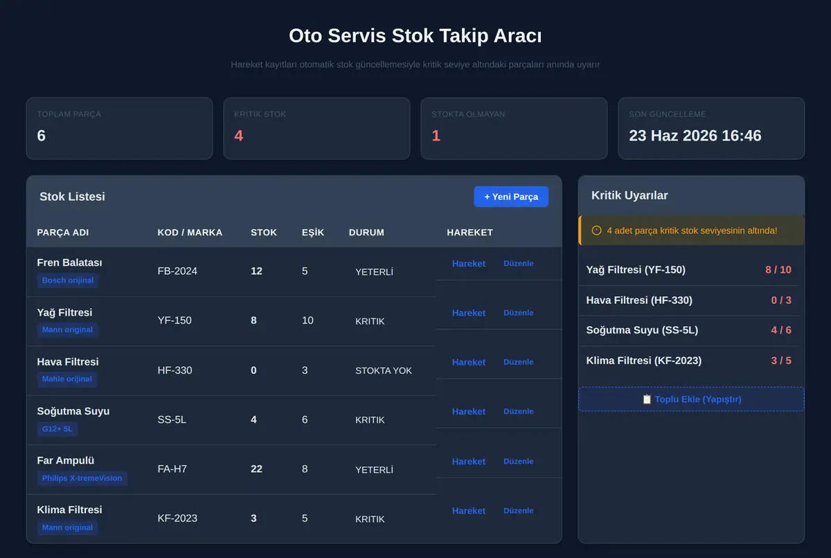 Oto Servis Stok Takip Aracı ekran görüntüsü 2