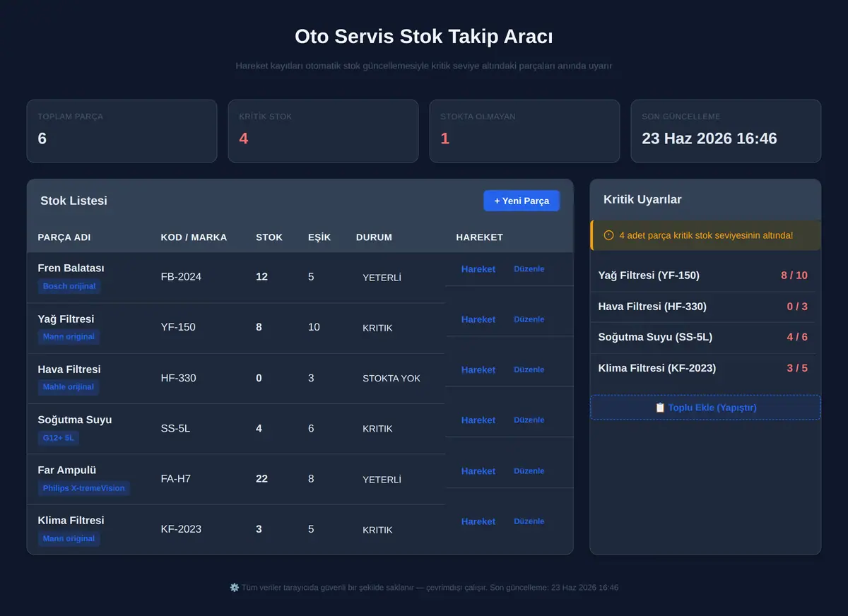Oto Servis Stok Takip Aracı ekran görüntüsü 3