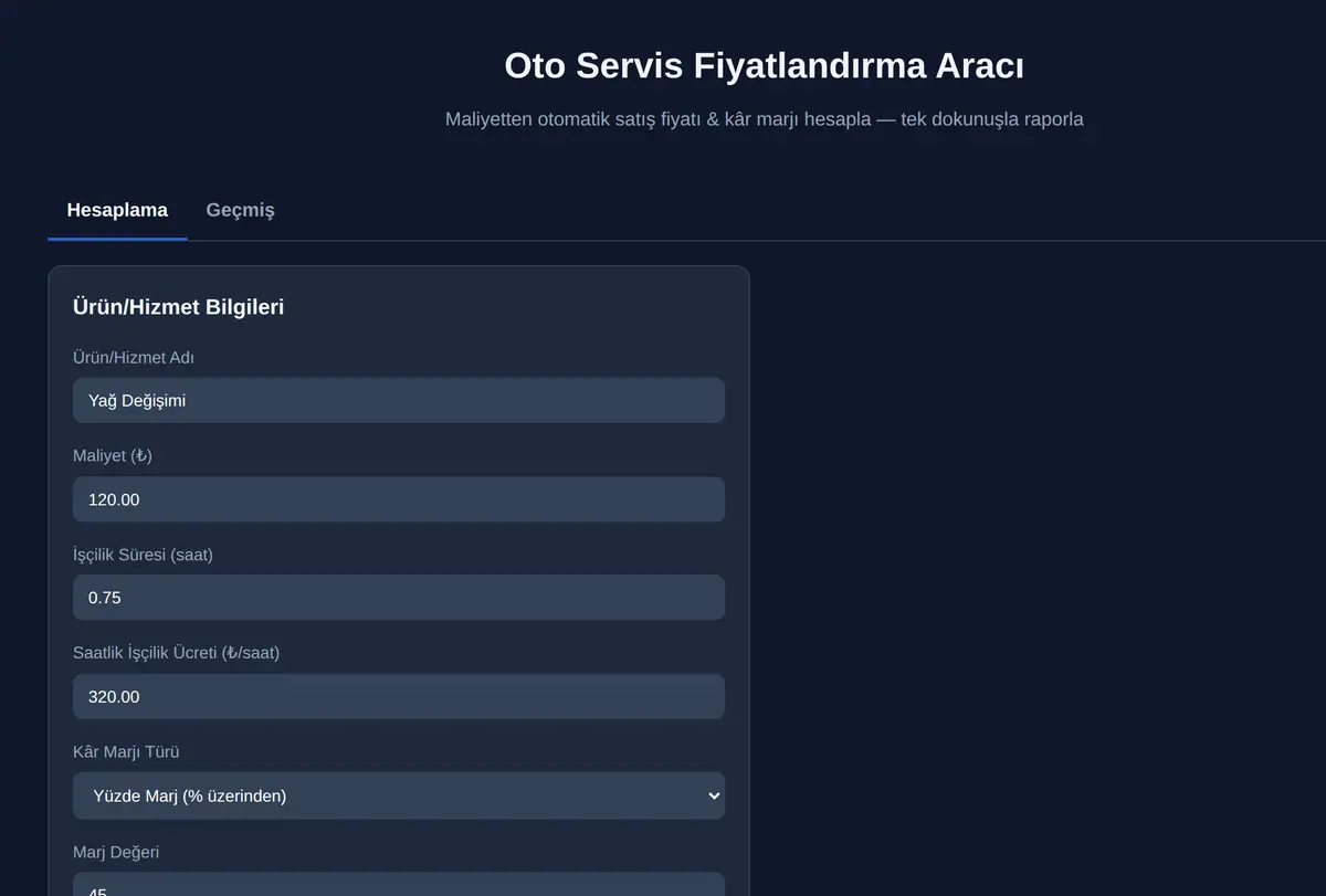 Oto Servis Fiyatlandırma Aracı ekran görüntüsü