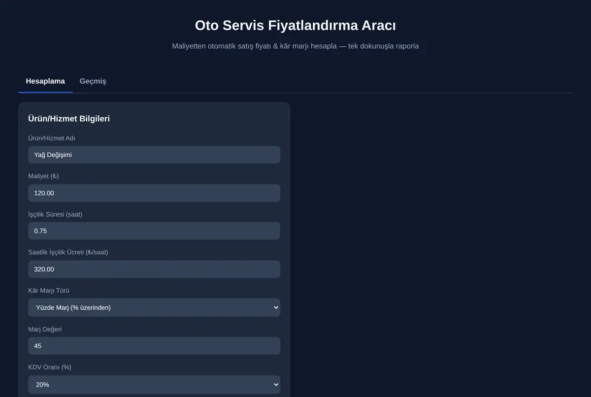 Oto Servis Fiyatlandırma Aracı ekran görüntüsü 2