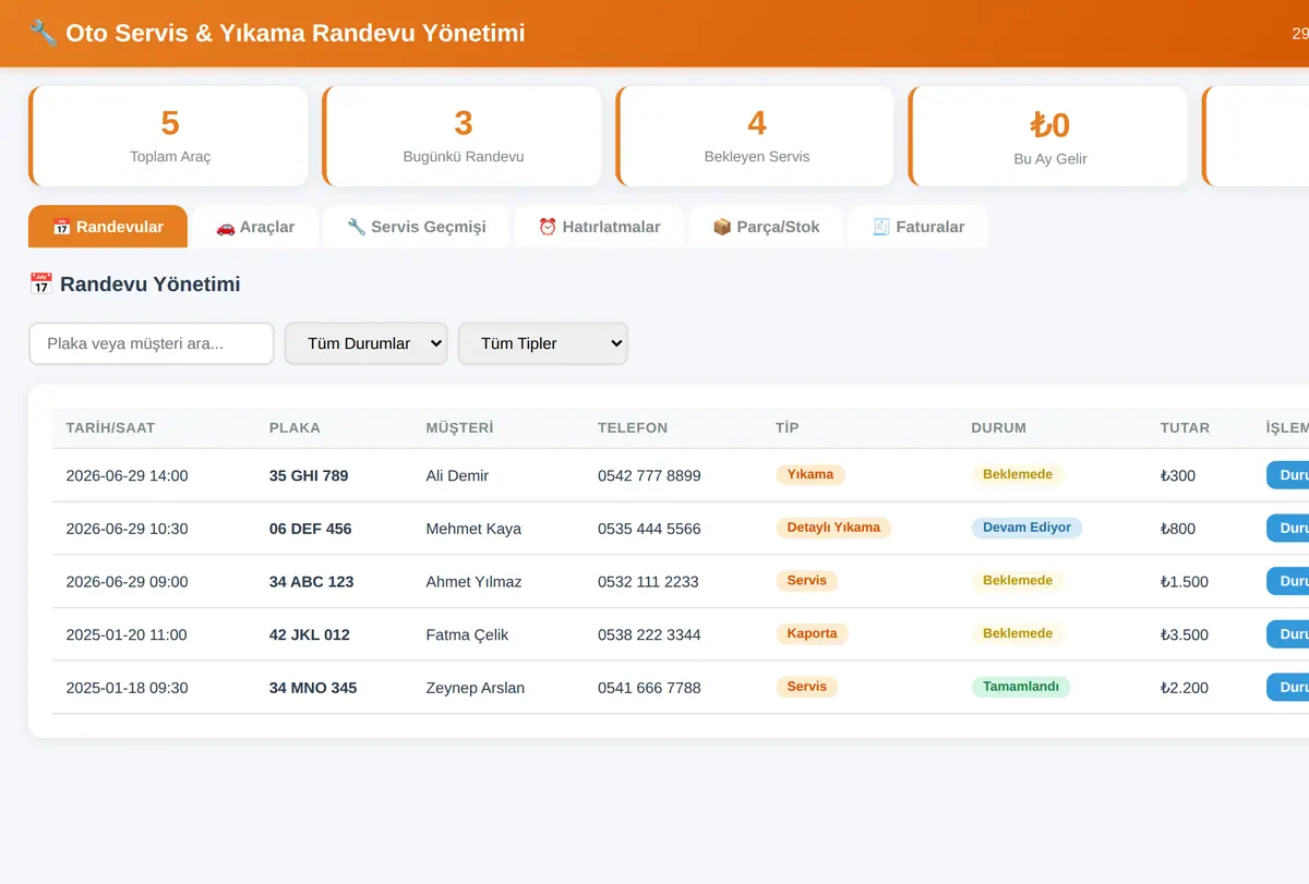 Oto Servis & Yıkama Randevu Yönetimi ekran görüntüsü