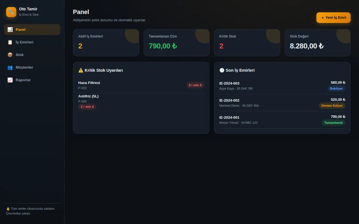 Oto Tamir İş Emri & Stok Yönetim Programı ekran görüntüsü