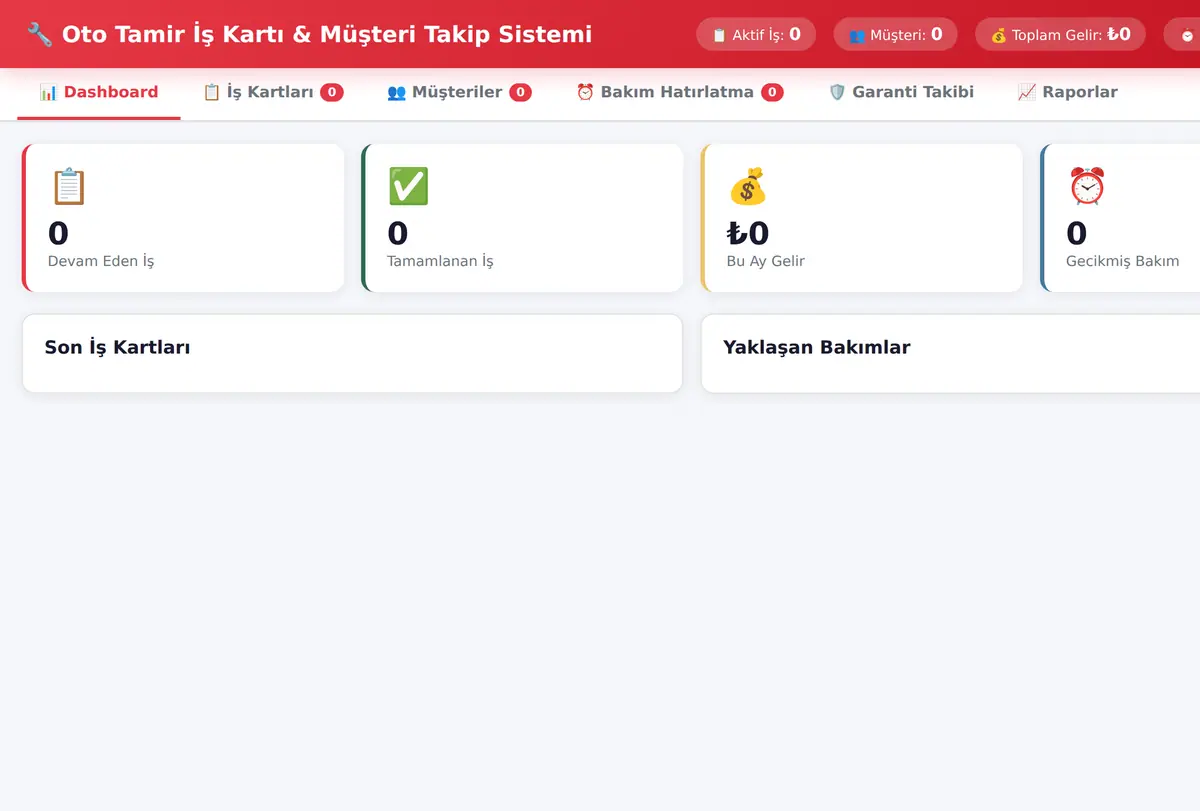 Oto Tamir İş Kartı & Müşteri Takip Sistemi ekran görüntüsü