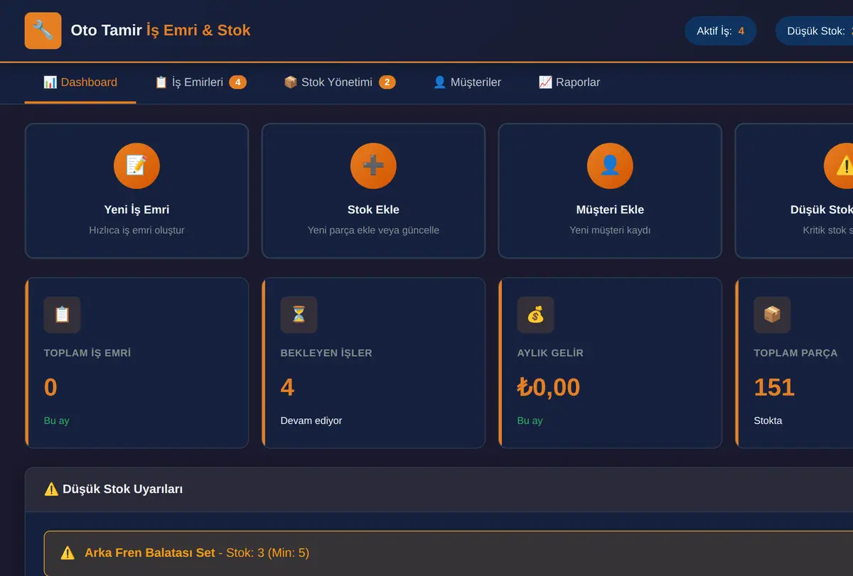 Oto Tamir İş Emri & Stok Yönetimi Aracı ekran görüntüsü