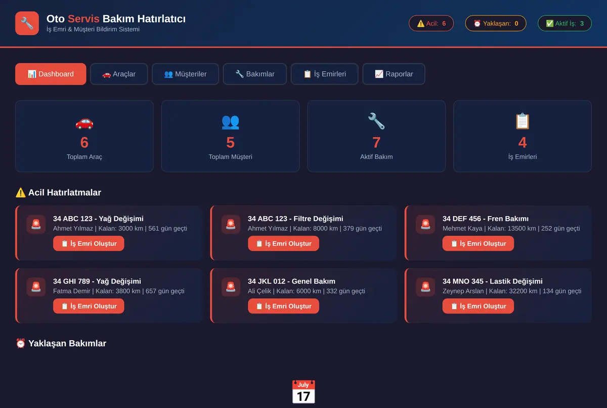 Oto Servis Bakım Hatırlatıcı & İş Emri Sistemi ekran görüntüsü 2
