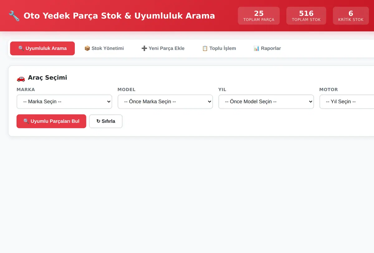 Oto Yedek Parça Stok & Uyumluluk Arama ekran görüntüsü