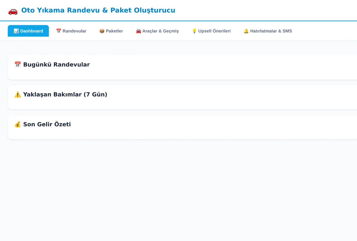 Oto Yıkama Randevu & Paket Oluşturucu ekran görüntüsü