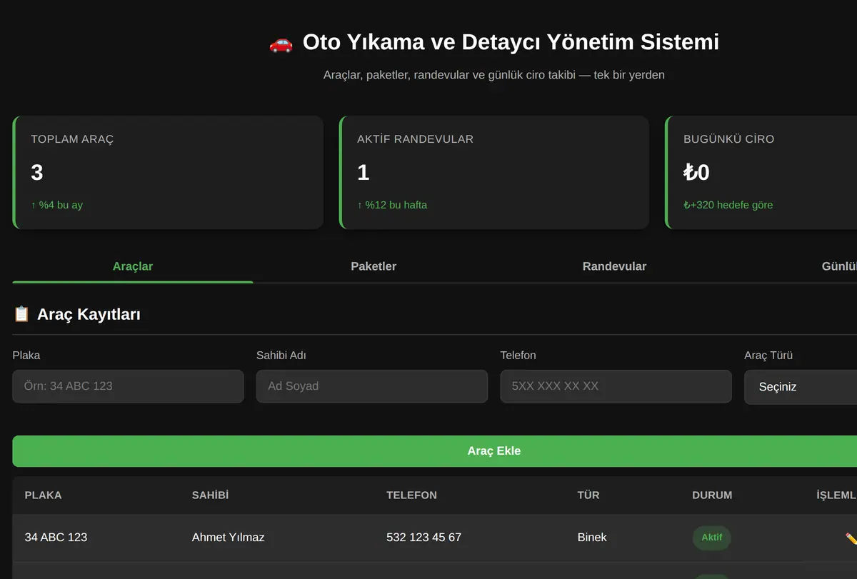 Oto Yıkama ve Detaycı Yönetim Sistemi ekran görüntüsü