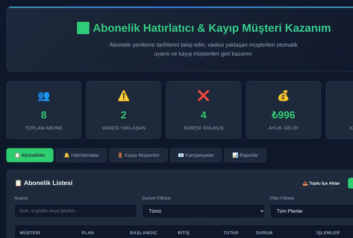 Abonelik Hatırlatıcı & Kayıp Müşteri Kazanım Aracı ekran görüntüsü