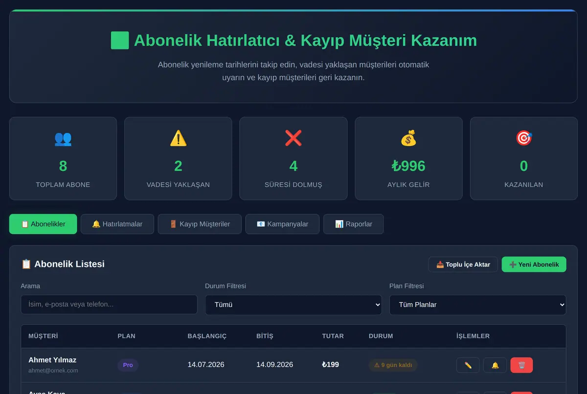 Abonelik Hatırlatıcı & Kayıp Müşteri Kazanım Aracı ekran görüntüsü 2