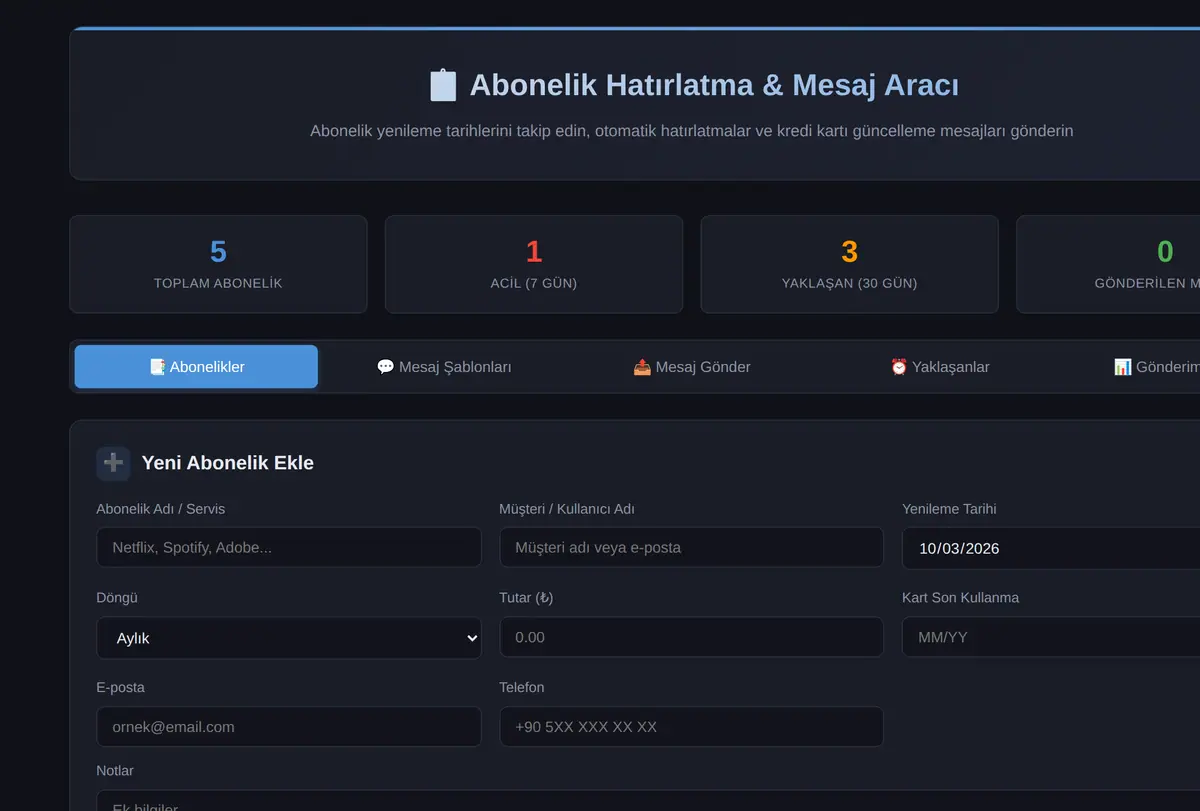 Abonelik Hatırlatma & Mesaj Aracı ekran görüntüsü