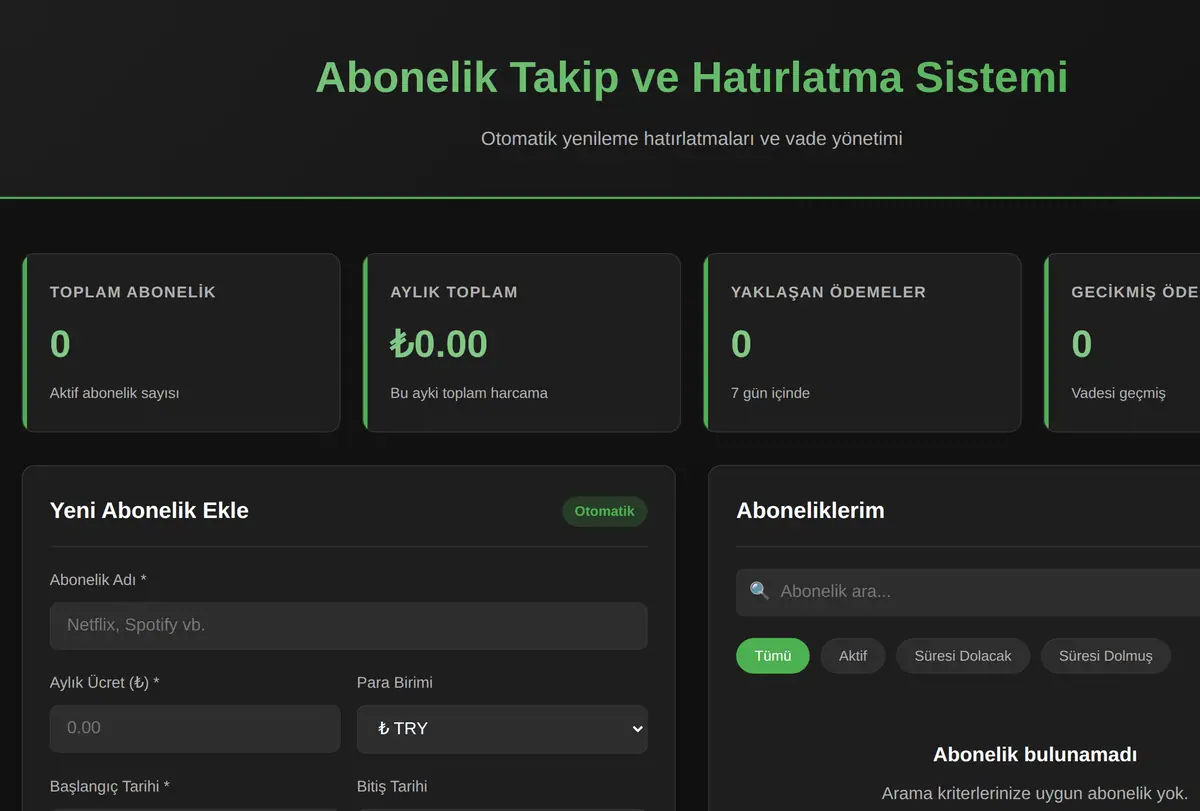 Abonelik Takip ve Hatırlatma Sistemi ekran görüntüsü