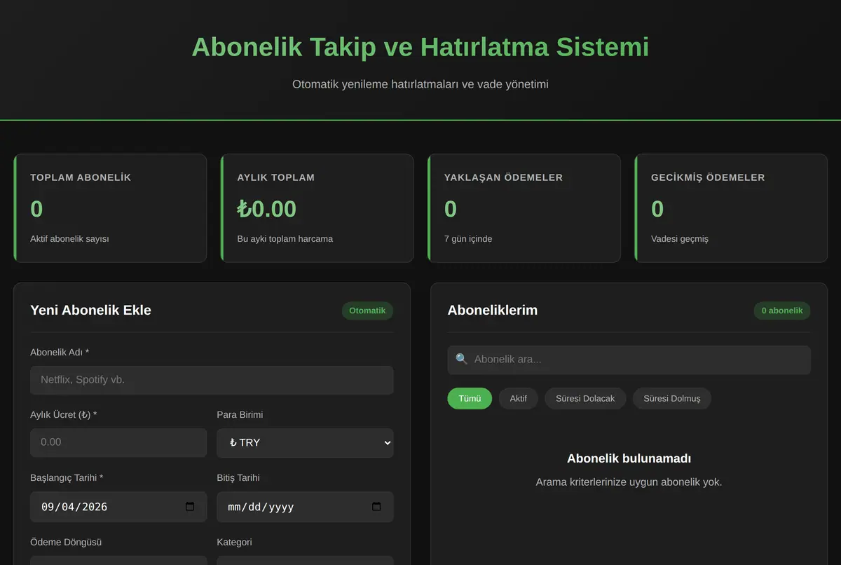 Abonelik Takip ve Hatırlatma Sistemi ekran görüntüsü 2