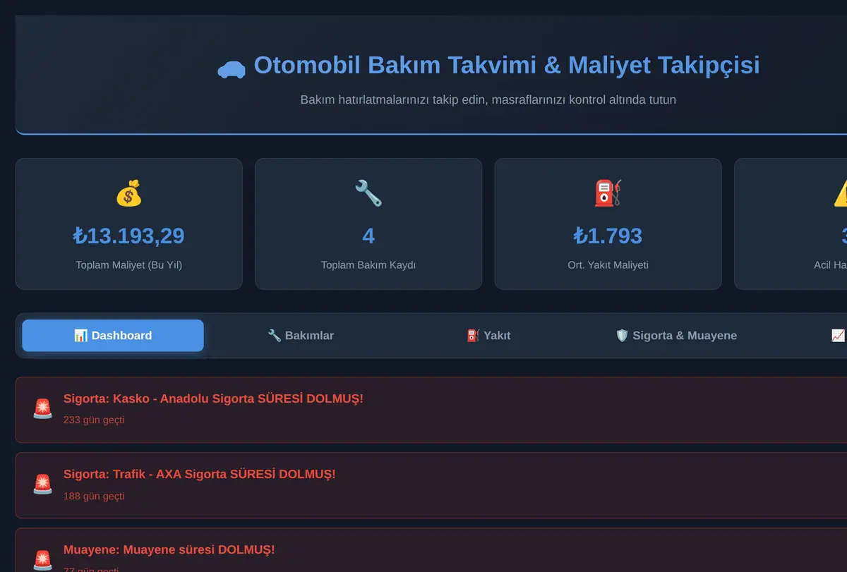 Otomobil Bakım Takvimi & Maliyet Takipçisi ekran görüntüsü