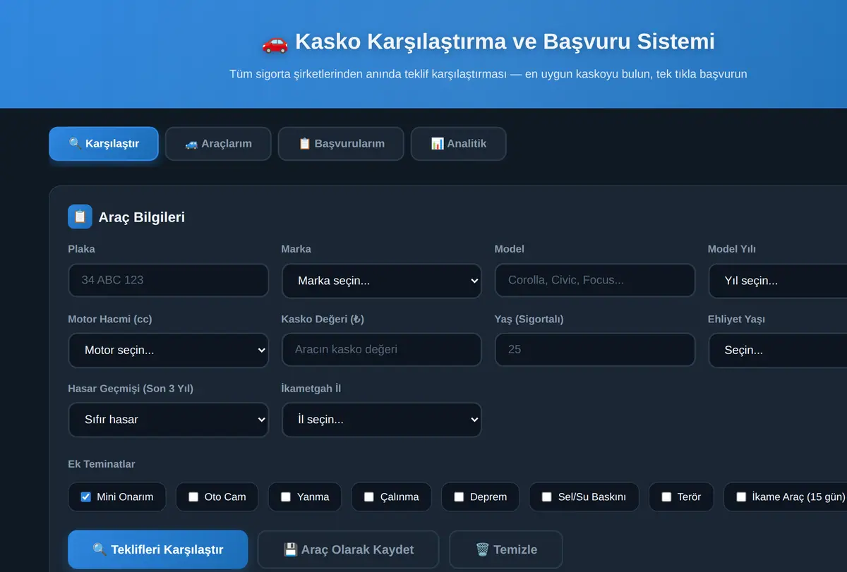 Kasko Karşılaştırma ve Başvuru Sistemi ekran görüntüsü
