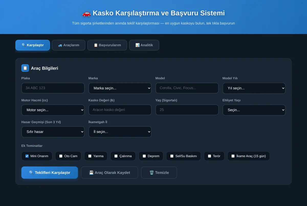 Kasko Karşılaştırma ve Başvuru Sistemi ekran görüntüsü 2