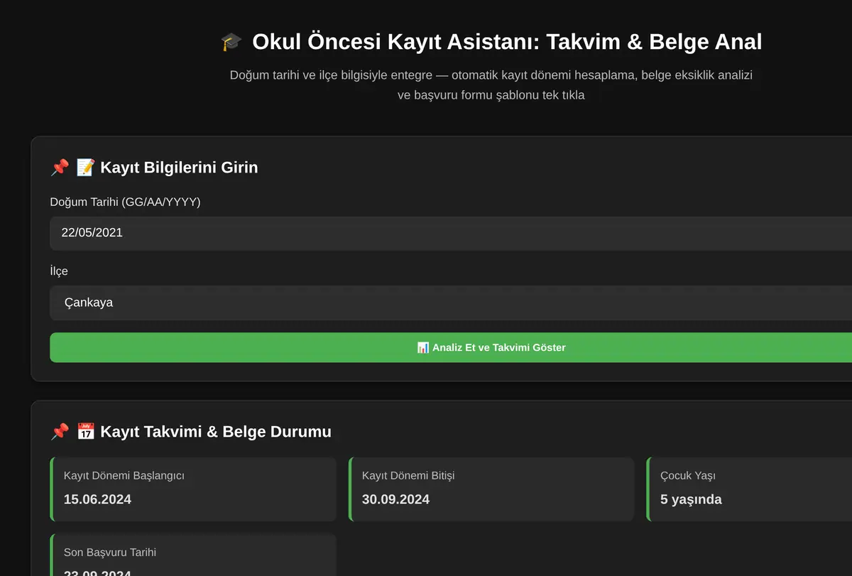 Okul Öncesi Kayıt Asistanı: Takvim & Belge Anal ekran görüntüsü