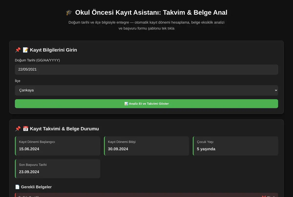 Okul Öncesi Kayıt Asistanı: Takvim & Belge Anal ekran görüntüsü 2