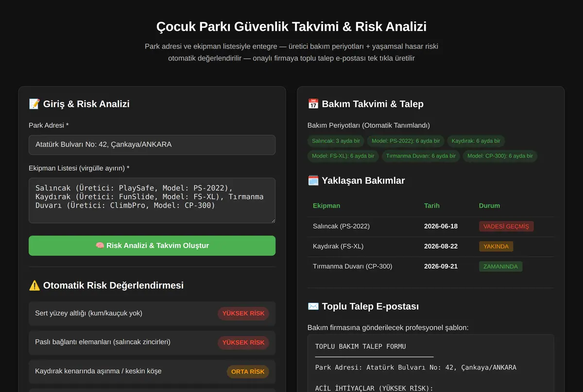 Çocuk Parkı Güvenlik Takvimi & Risk Analizi ekran görüntüsü 2