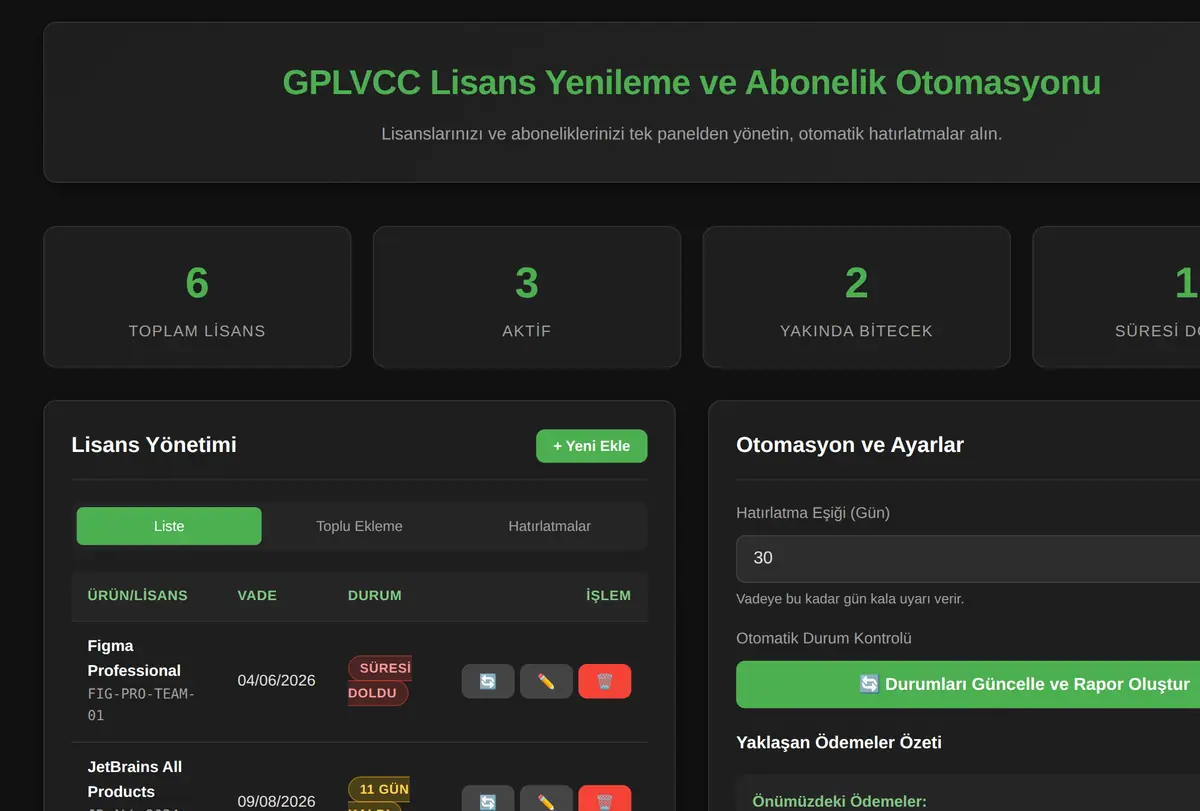 GPLVCC Lisans Yenileme ve Abonelik Otomasyonu ekran görüntüsü