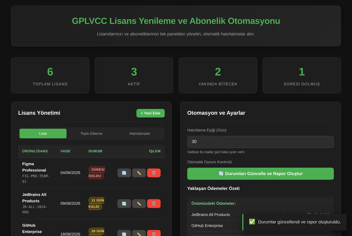 GPLVCC Lisans Yenileme ve Abonelik Otomasyonu ekran görüntüsü 2