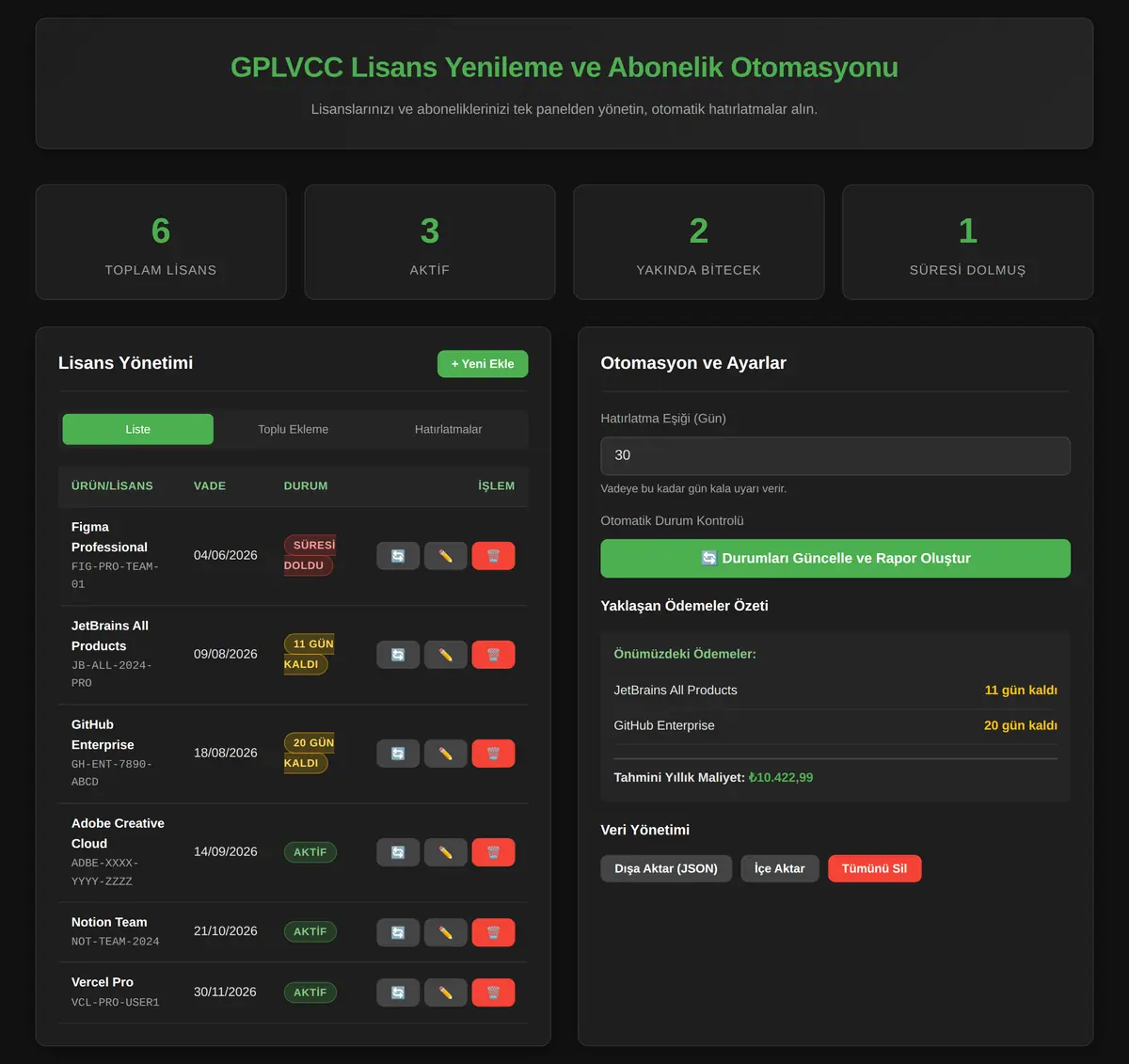 GPLVCC Lisans Yenileme ve Abonelik Otomasyonu ekran görüntüsü 3