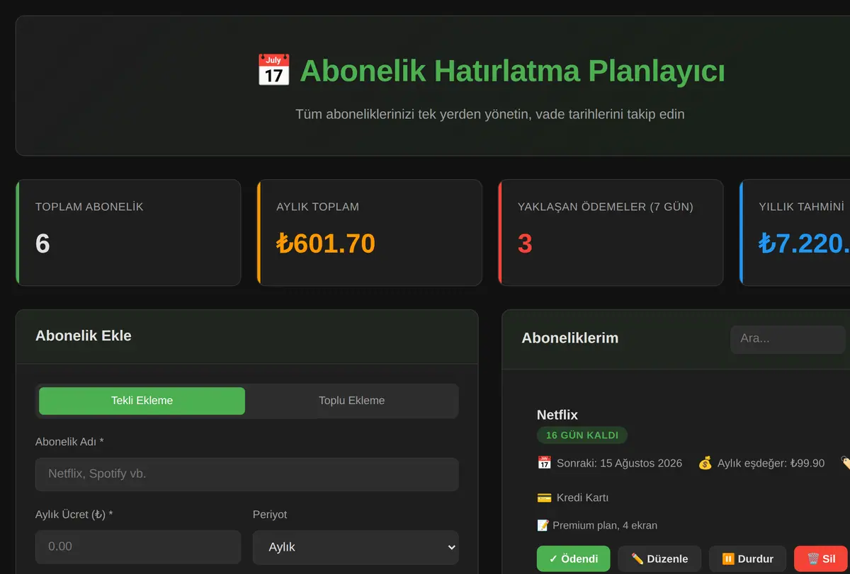 Abonelik Hatırlatma Planlayıcı ekran görüntüsü