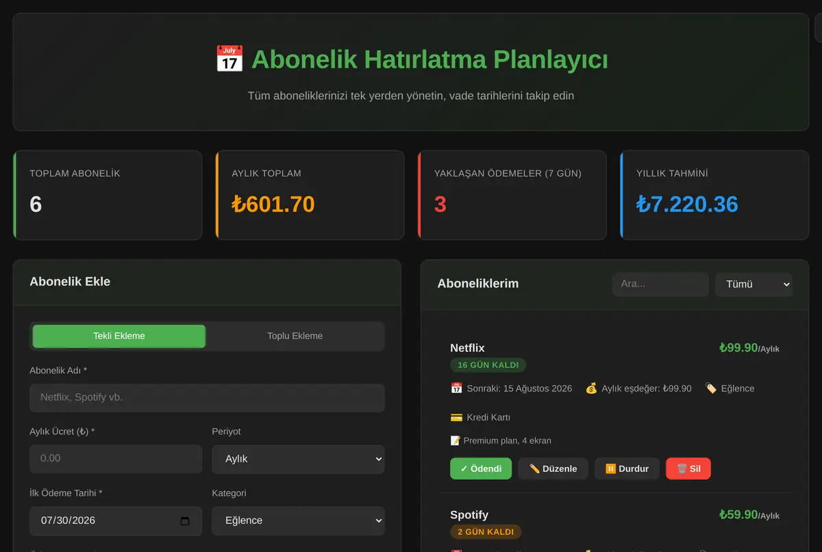 Abonelik Hatırlatma Planlayıcı ekran görüntüsü 2