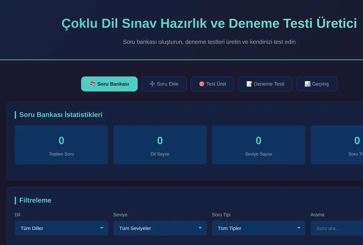 Çoklu Dil Sınav Hazırlık ve Deneme Testi Üretici ekran görüntüsü