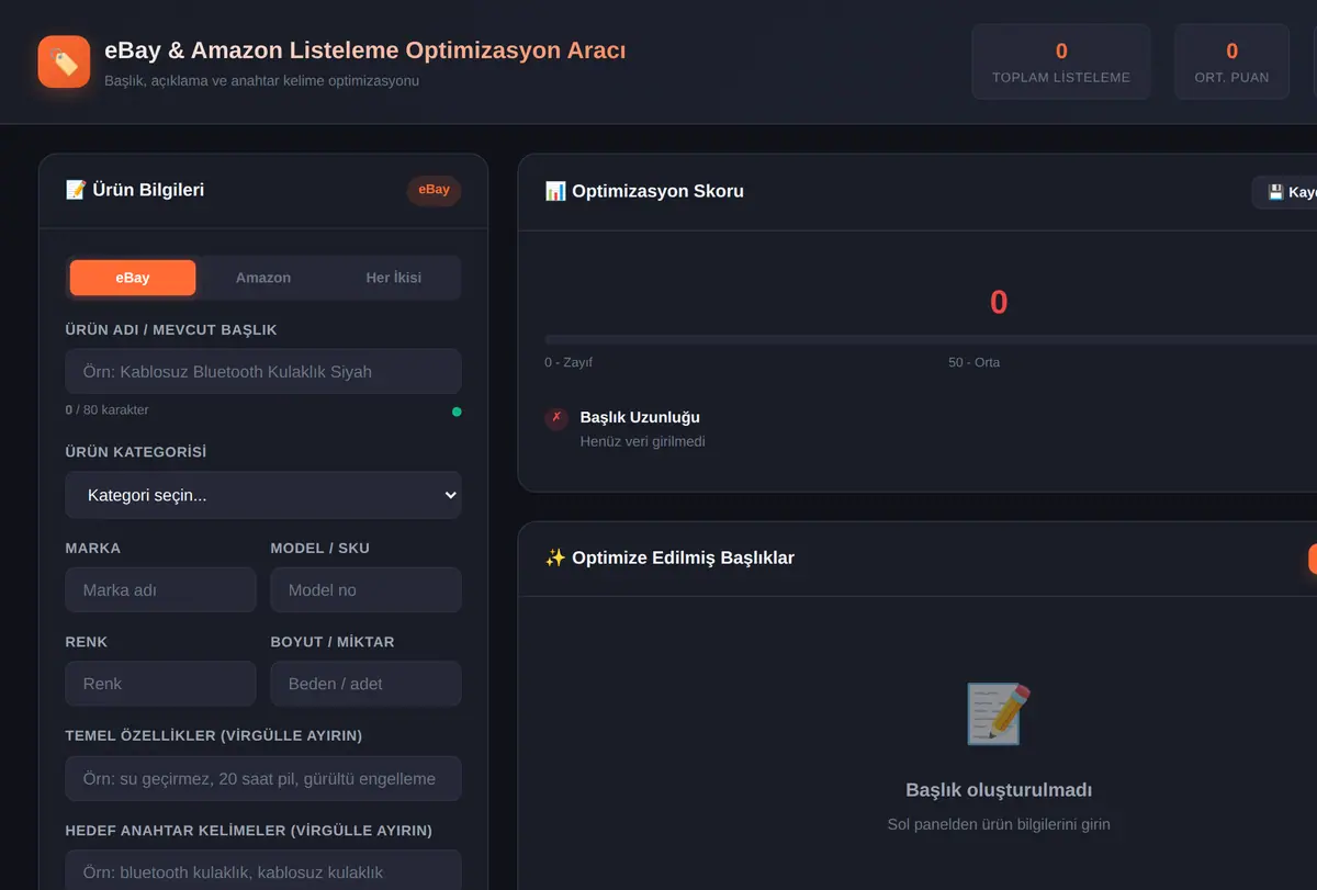 eBay & Amazon Listeleme Optimizasyon Aracı ekran görüntüsü