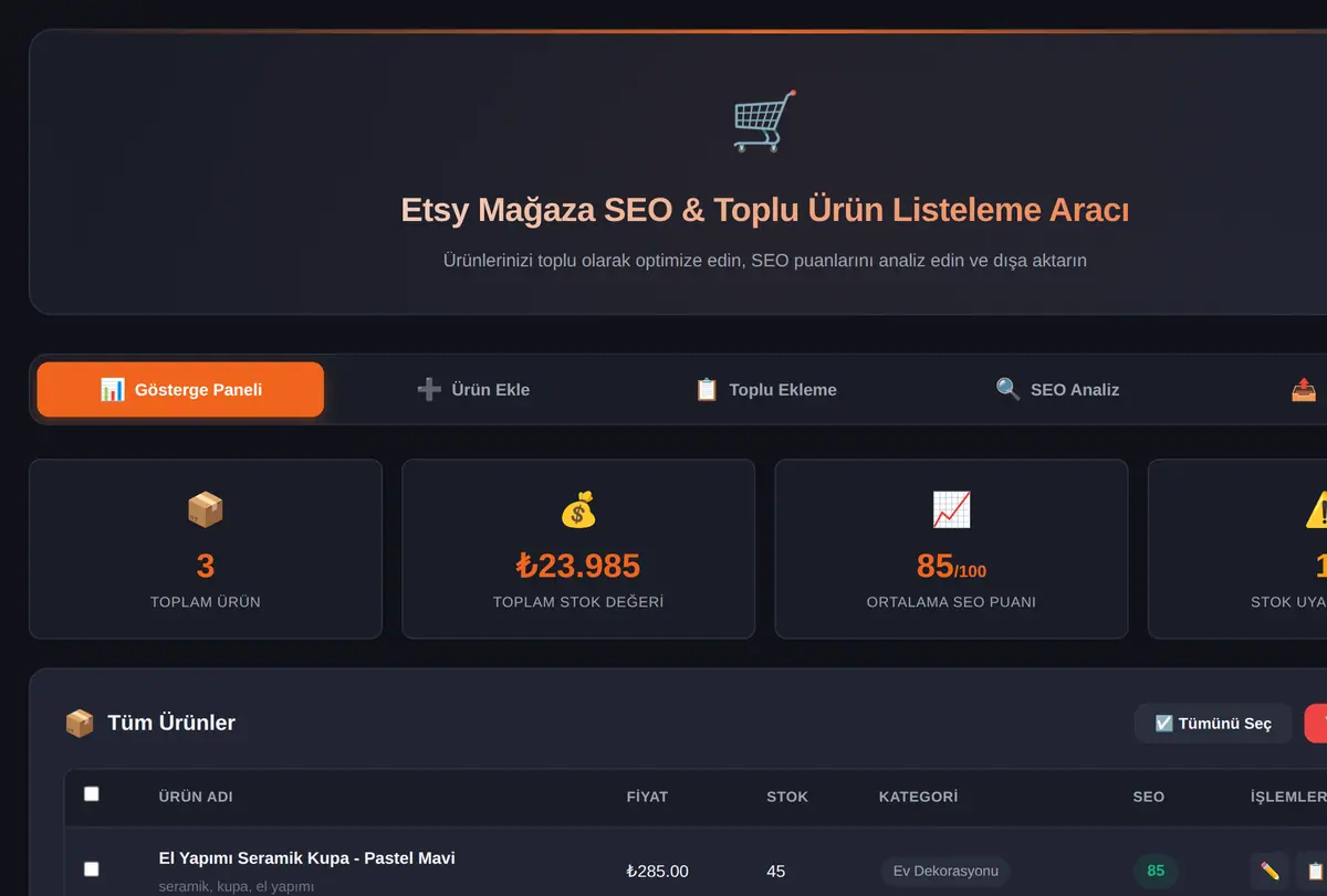 Etsy Mağaza SEO & Toplu Ürün Listeleme Aracı ekran görüntüsü